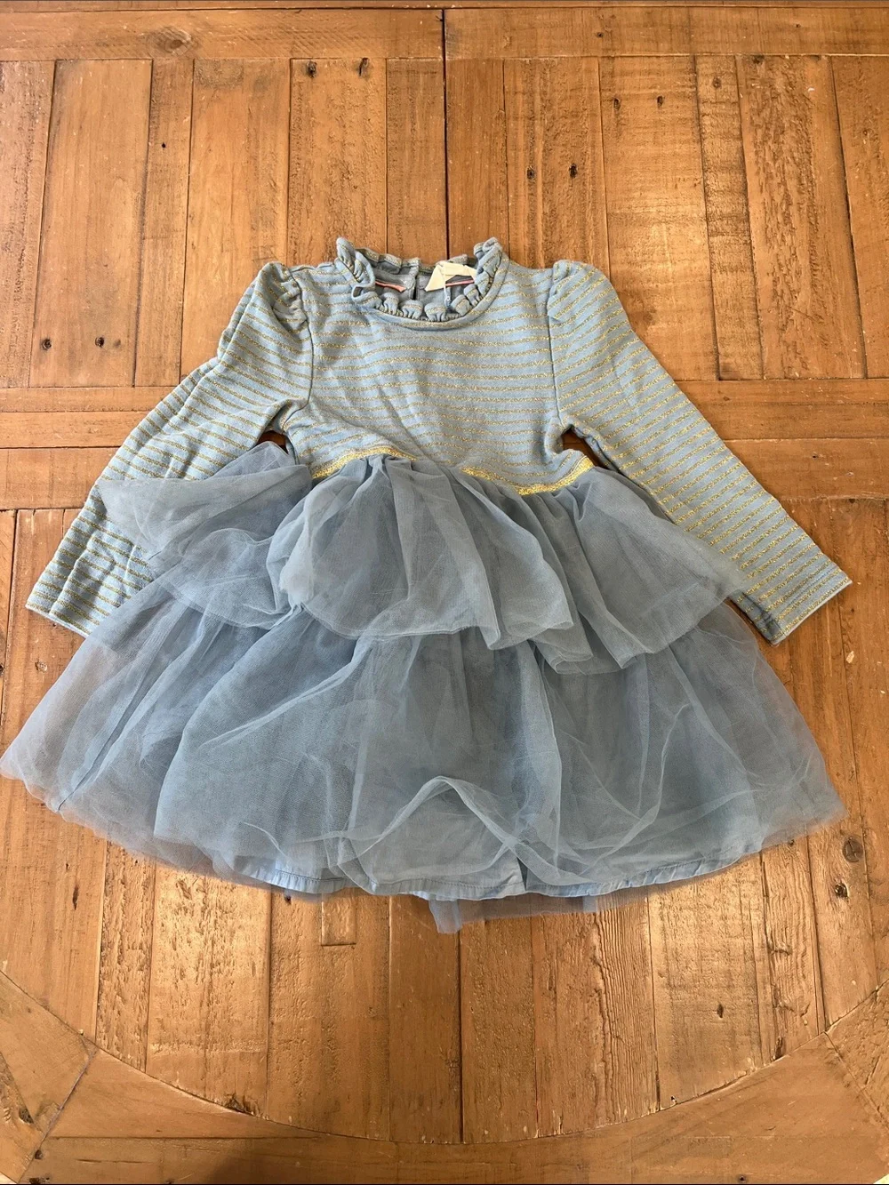 Mini Boden Dusty blue long sleeve tulle dress with gold stripes 3-4 years